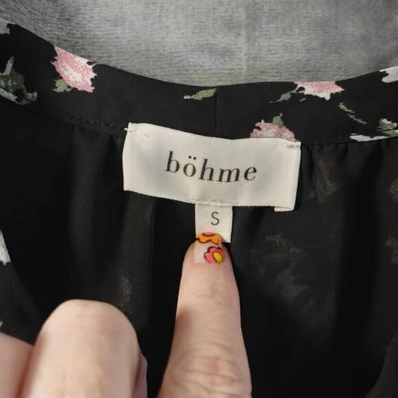 Böhme Womens‎ S Black Pink Floral Blouse Ruffle Front Long Sleeve Sheer Lined - Picture 2 of 11